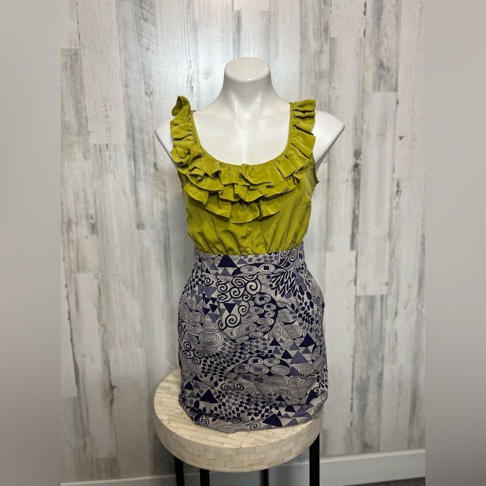 Maca Ruffled Top Geometric Print Mini Dress Womens Small Chartreuse Blue